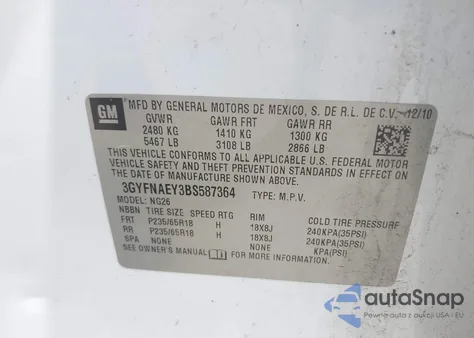 2011 Cadillac Srx Luxury Collection z USA, uszkodzony, nr VIN 3GYFNAEY3BS587364